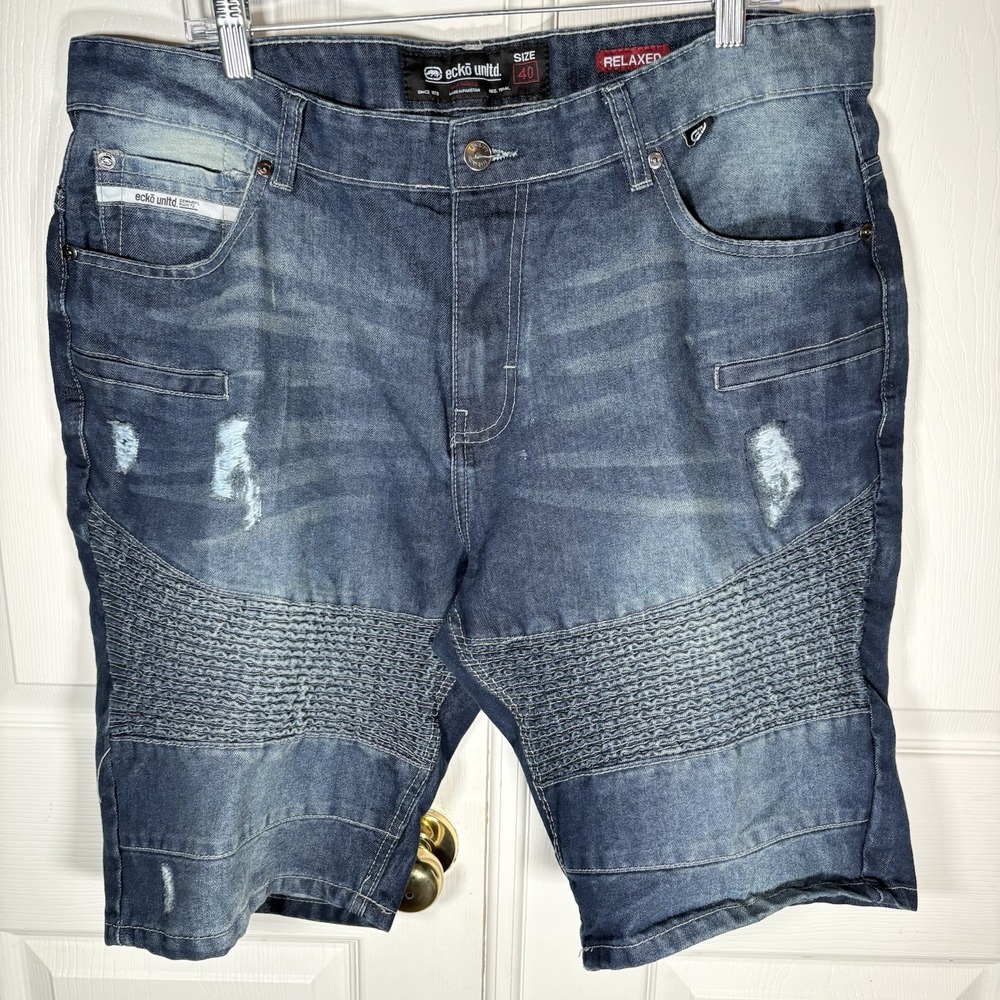 Vintage Y2K Ecko Unlimited Baggy Denim Shorts Mens 40 Blue Distressed Hip Hop‎